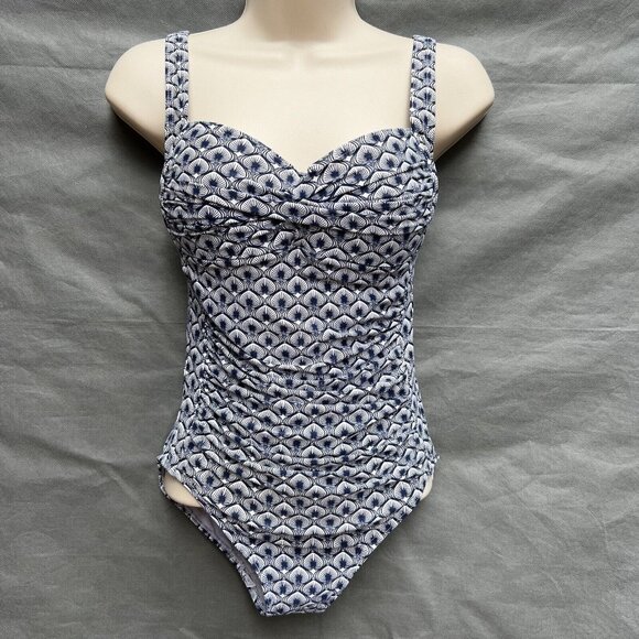 Bond-eye Australia Size 8 D/DD Blue White One Piece Swim Suit Sweetheart Ruched - Picture 1 of 11